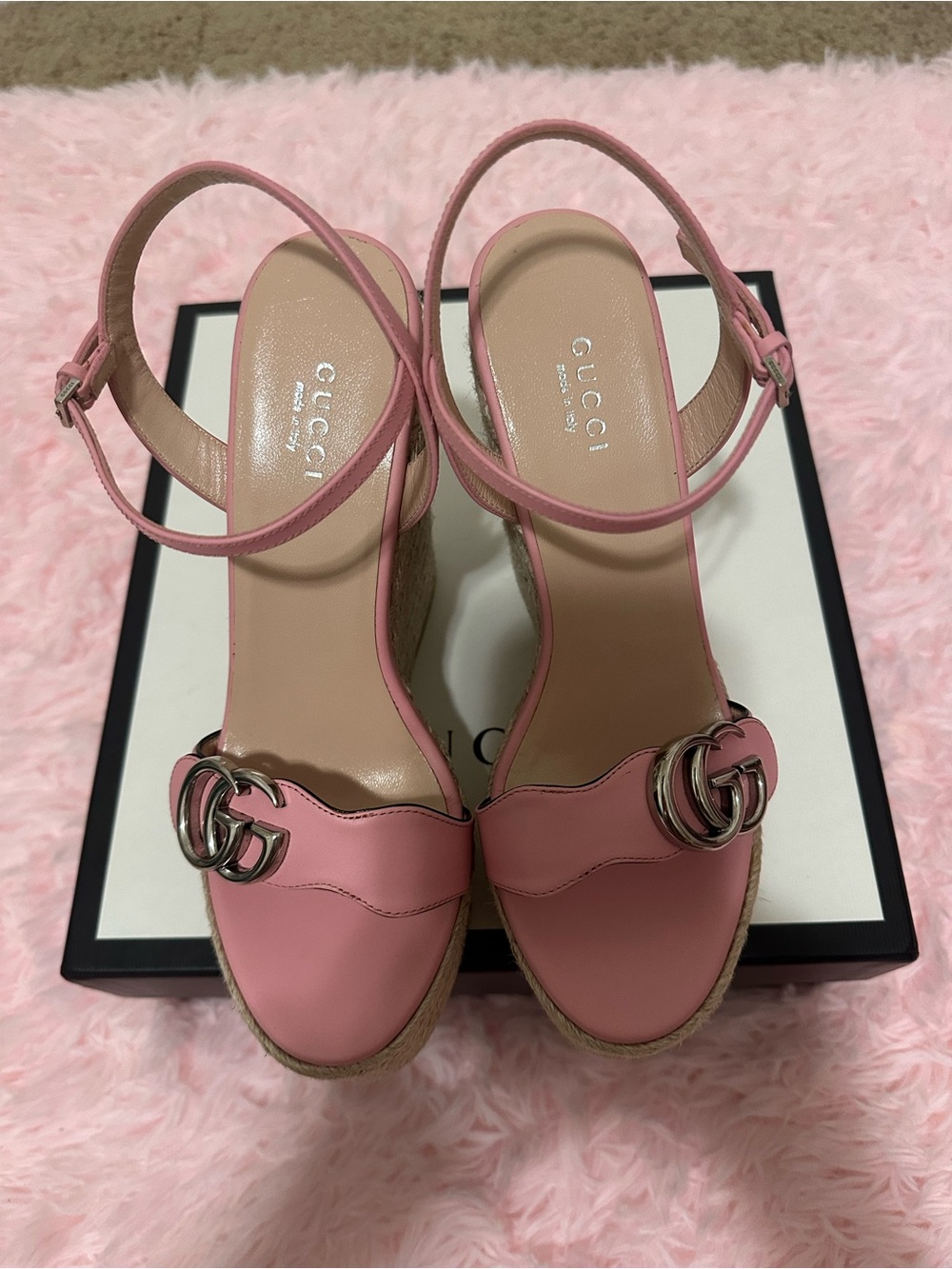 Gucci Pink Leather Platform Espadrille Heels with Double G - Picture 6 of 7